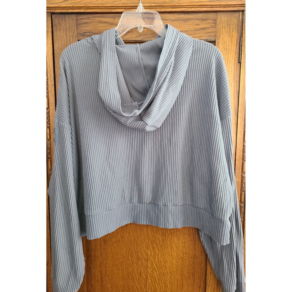 Alo Yoga Muse Hoodie Dusty Blue Ribbed Knit Cropped Pullover Sweatshirt Large - Picture 2 of 6